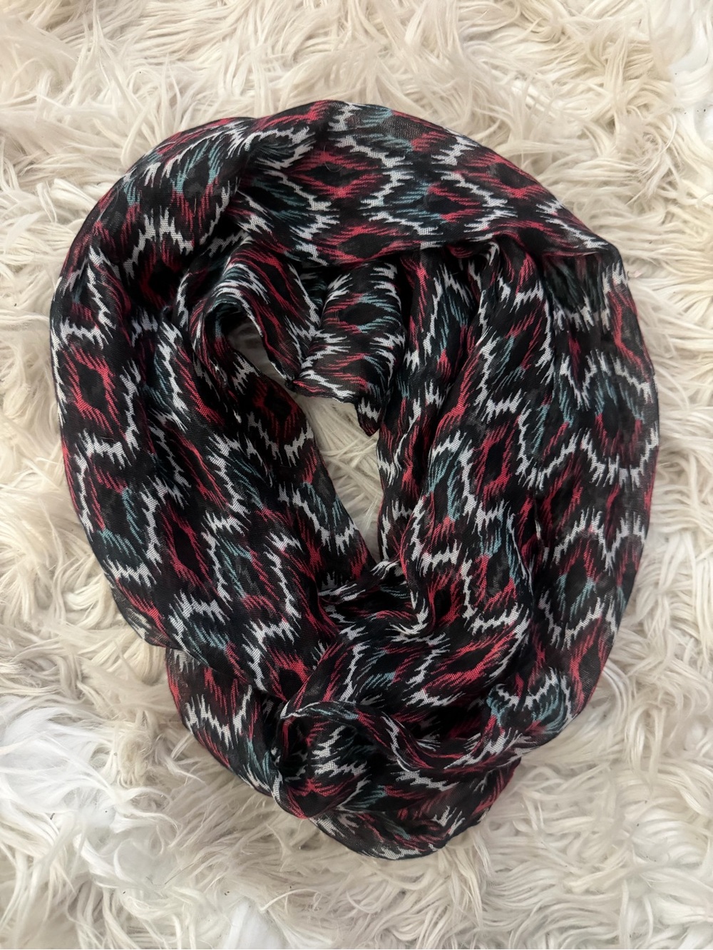 Black Patterned Infinity Scarf with Pink and Teal Accents